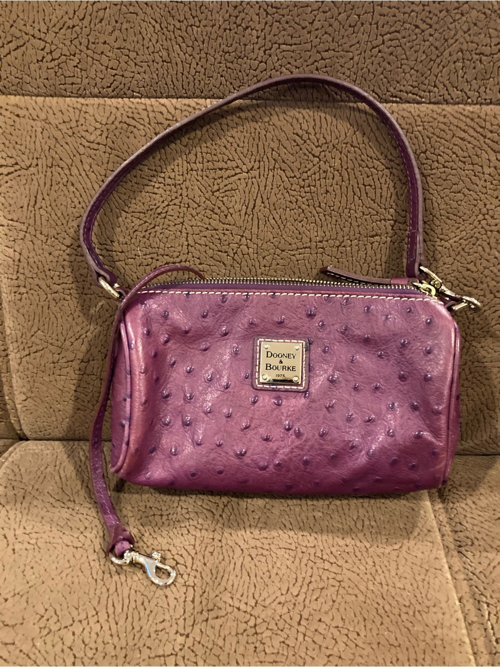 Dooney & Bourke Plum Ostrich-Embossed Purple Leather mini bag, silver tone zip